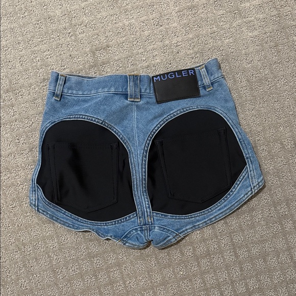 Mugler Pants - Mugler Light Blue Denim Shorts with Black Circular Back Panels